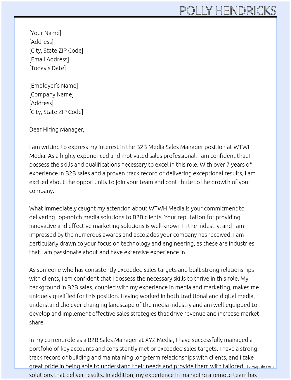 B2B Media Sales Manager At WTWH Media Cover Letter