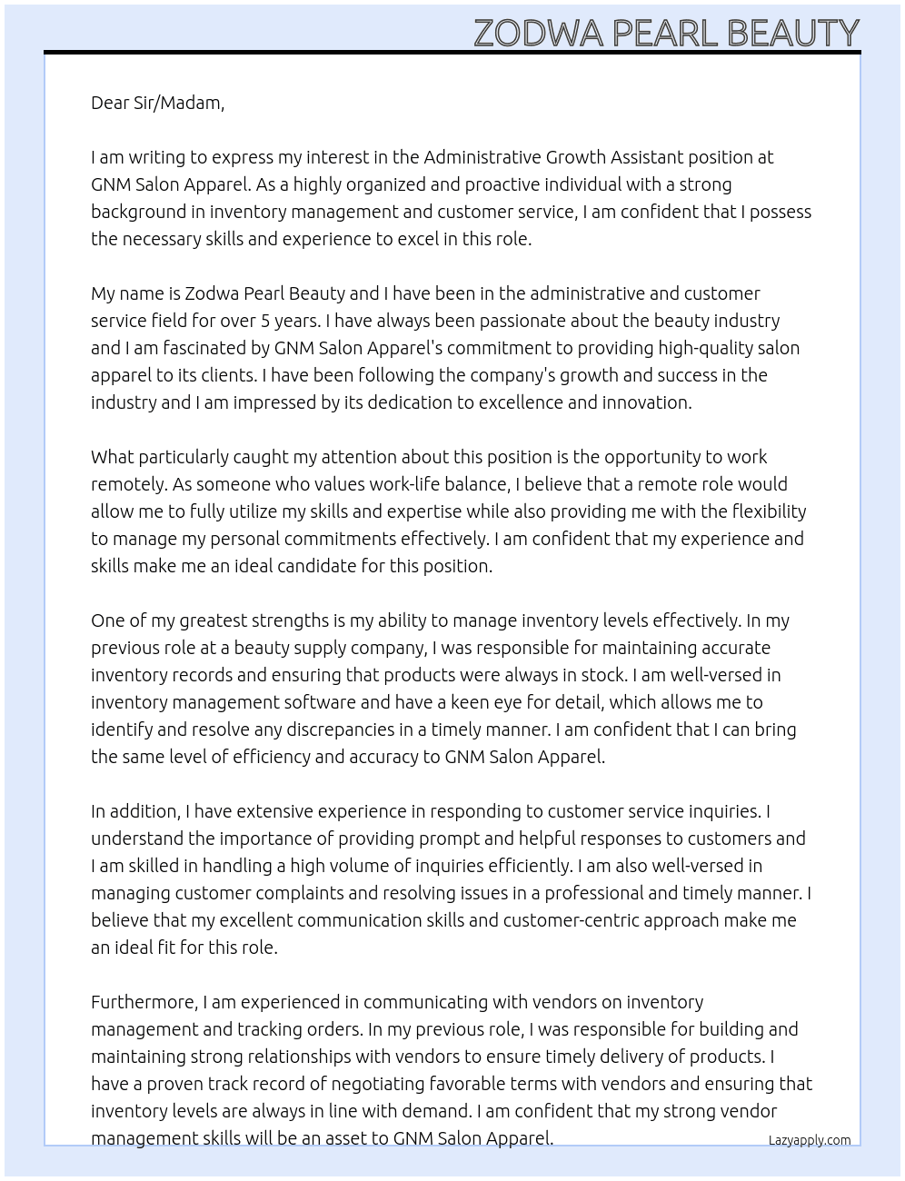 Administrative Growth Assistant At GNM Salon Apparel Cover Letter