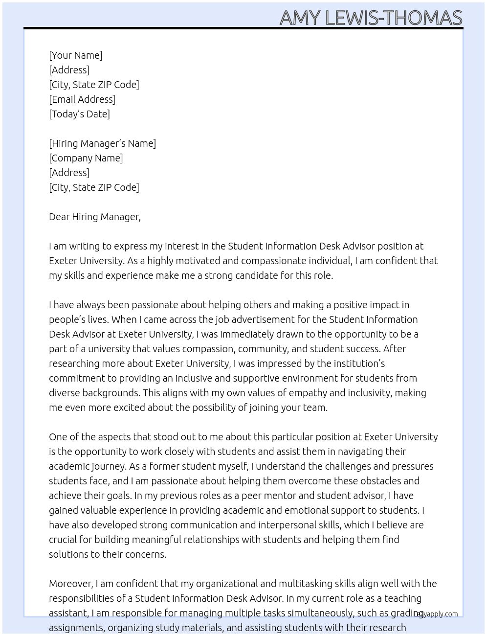 Student Information Desk Advisor At Exeter University Cover Letter