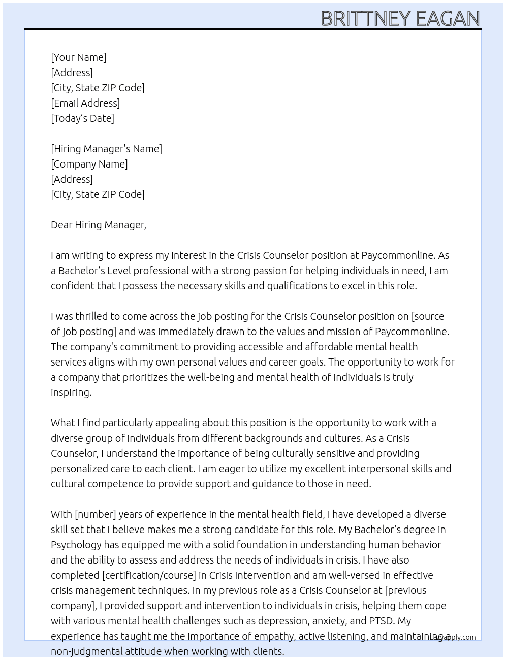 Crisis Counselor - Bachelor's Level At Paycommonline Cover Letter
