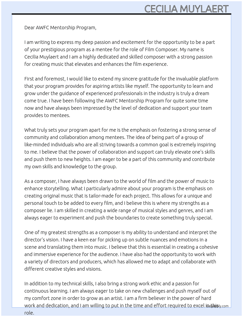 Film Composer  At AWFC Mentorship Program  Cover Letter