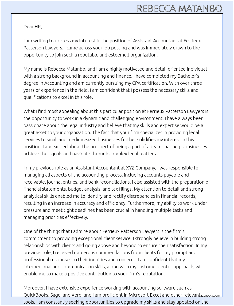Assistant accountant At Ferrieux Patterson Lawyers Cover Letter