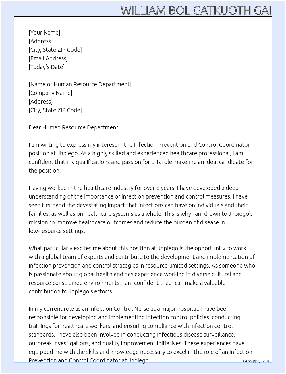Infection prevention and control coordinator  At Jhpiego Cover Letter