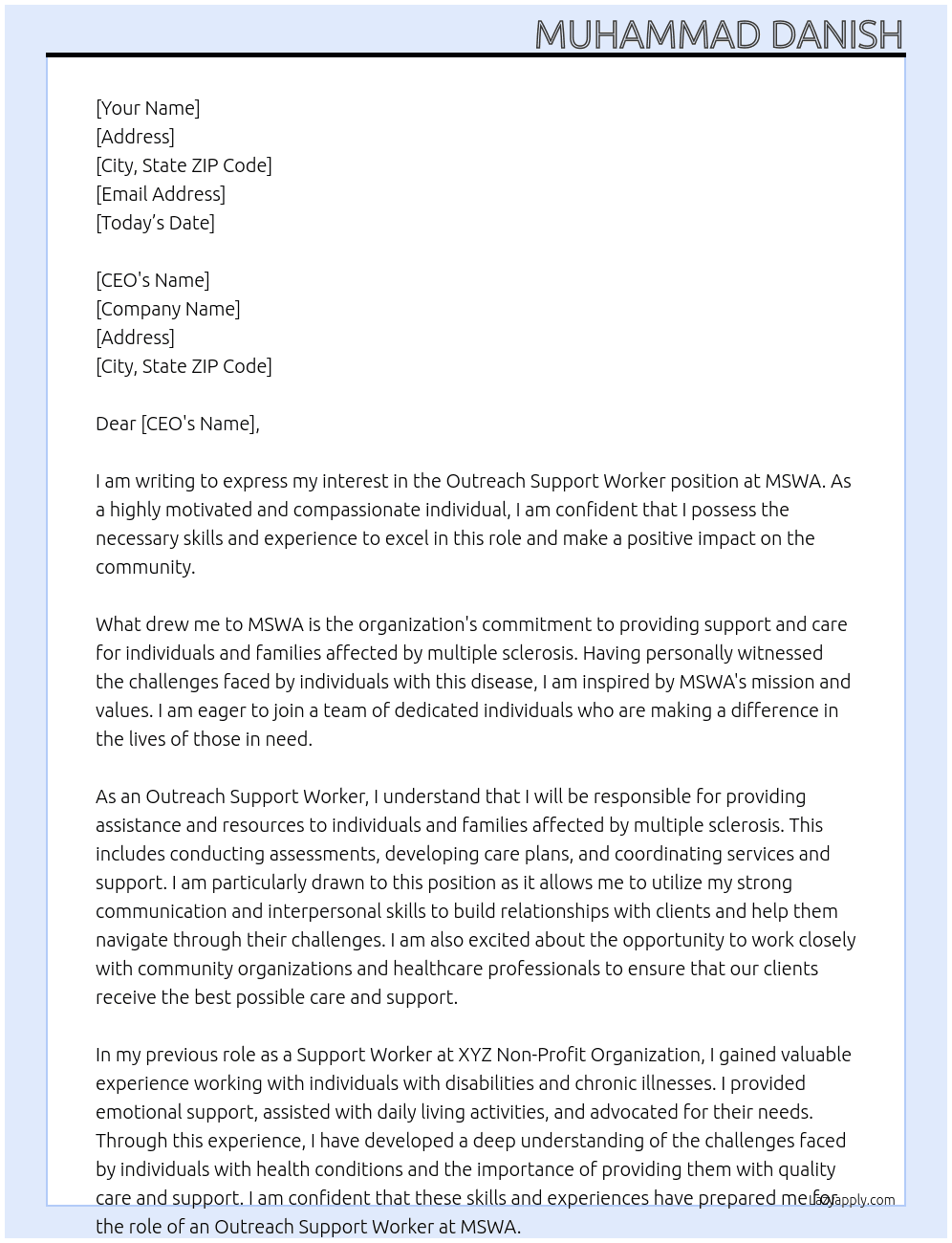 Outreach Support Worker At MSWA  Cover Letter