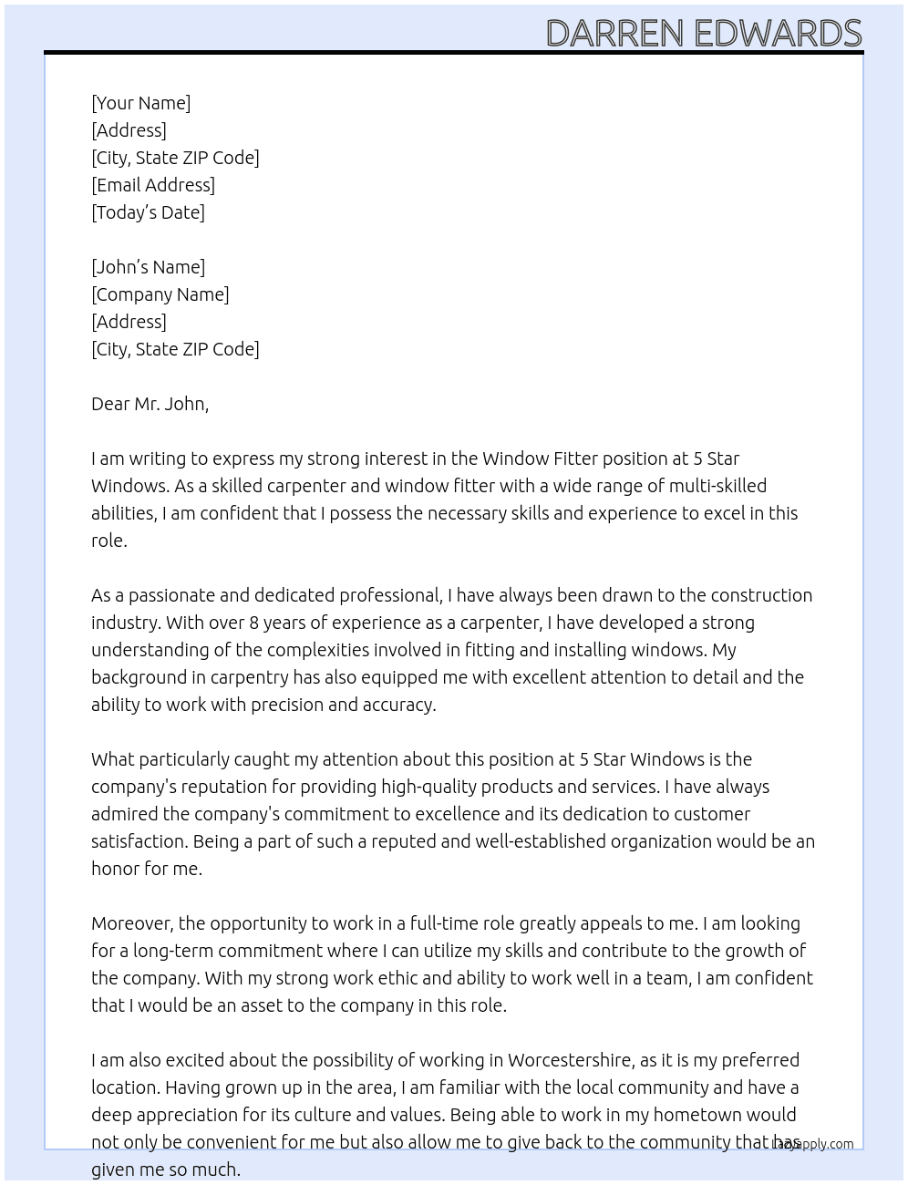 Window fitter At 5 star windows Cover Letter