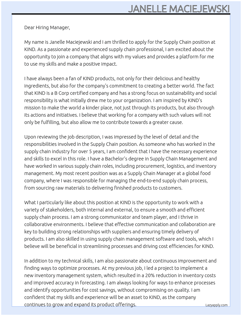 Supply Chain At KIND Cover Letter