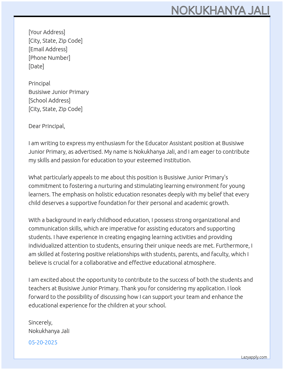 Educator assistant  At Busisiwe junior primary  Cover Letter