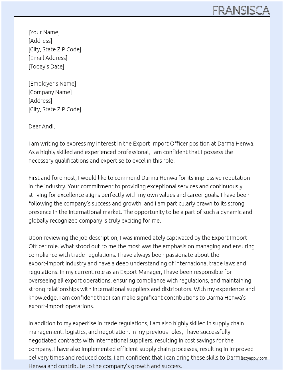 Export Import Officer At Darma Henwa Cover Letter