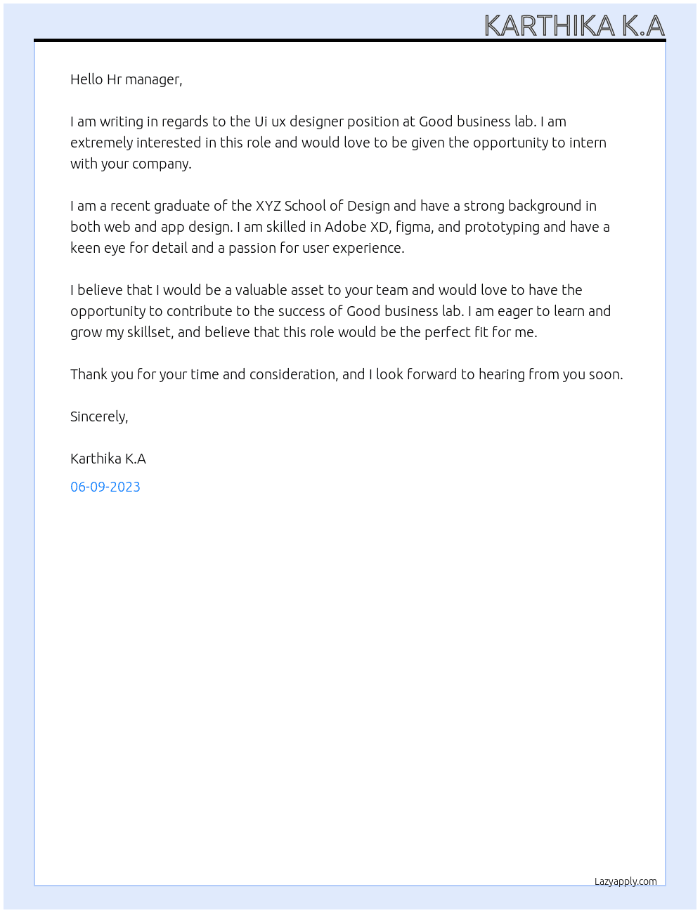 Ui ux designer At Good business lab Cover Letter