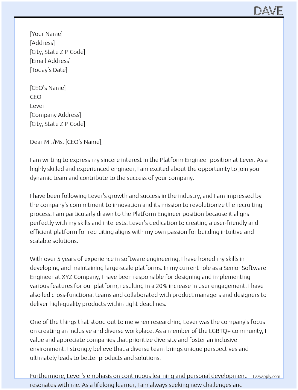 Platform Engineer At Lever Cover Letter
