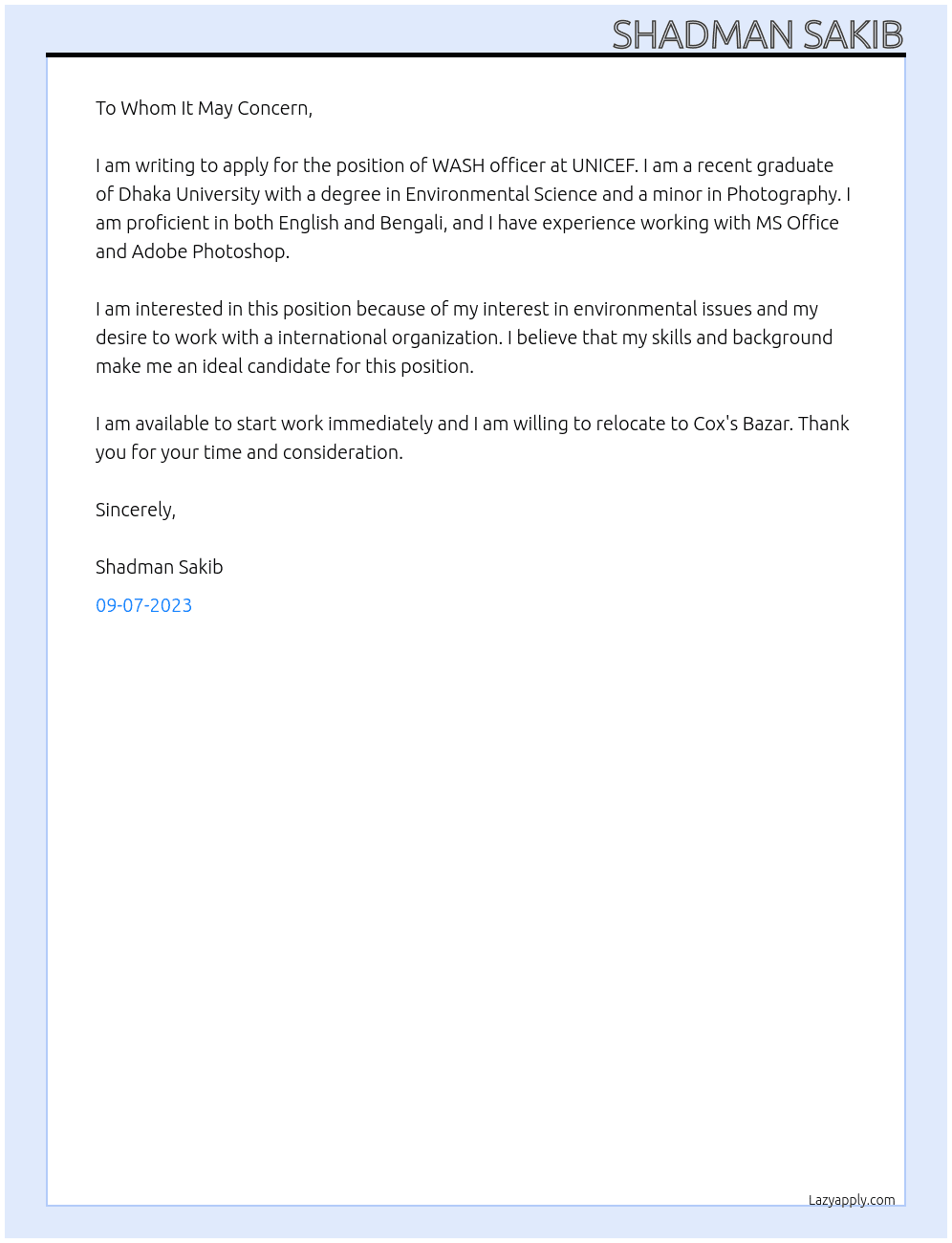 WASH officer At UNICEF  Cover Letter