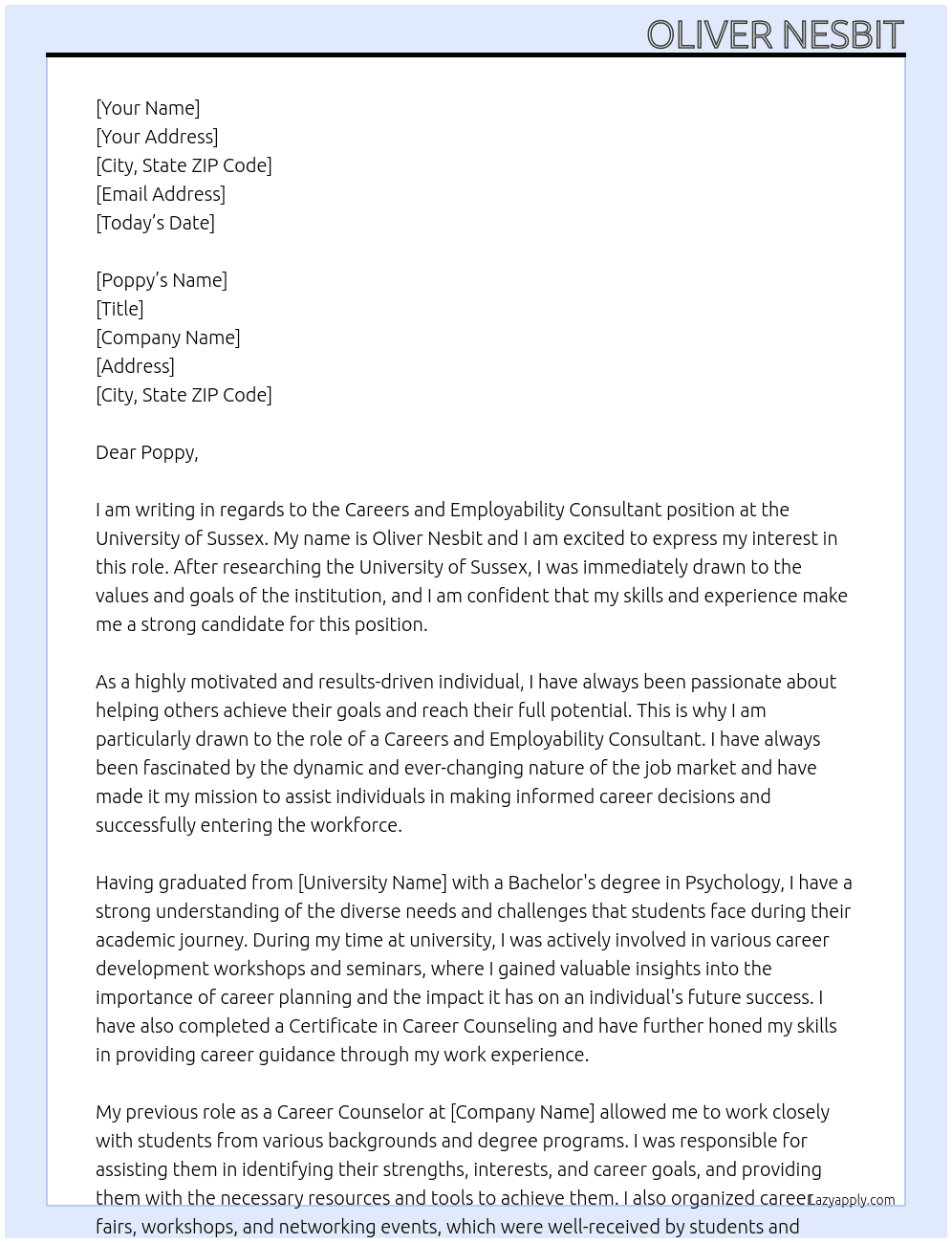 Careers and Employability Consultant At University of Sussex Cover Letter