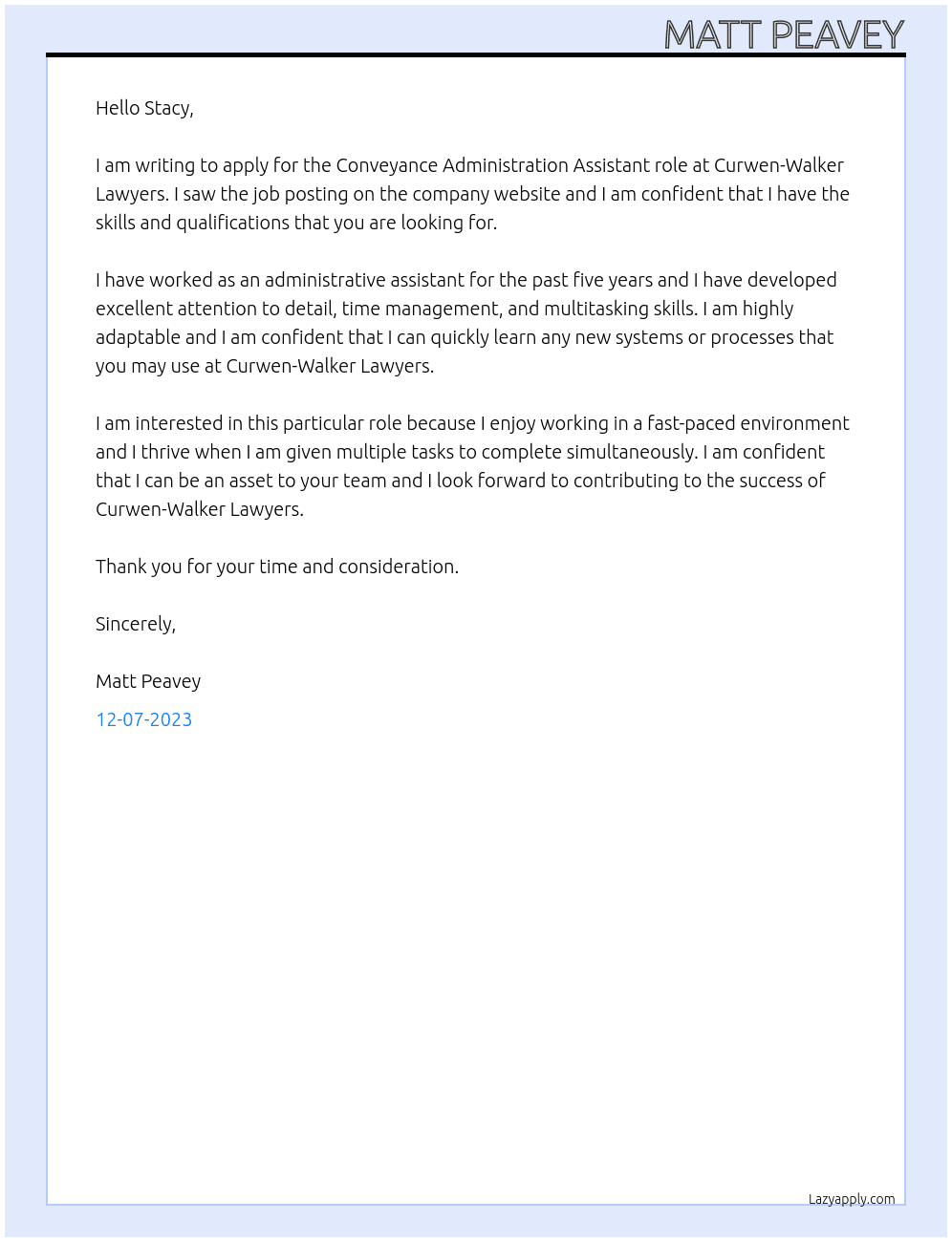Conveyancing Administration Assistant At Curwen-Walker Lawyers Cover Letter