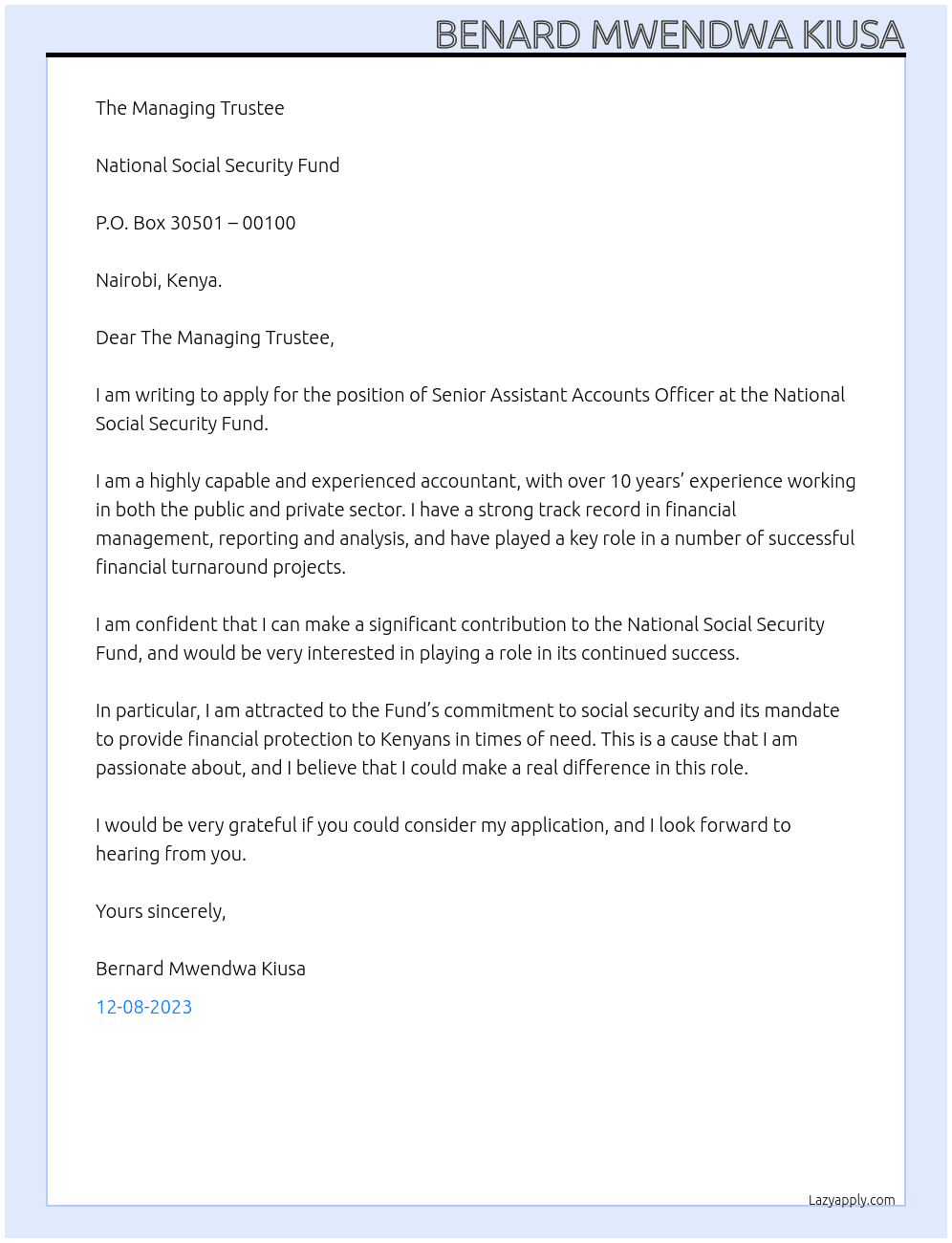 SINIOR ASSISTANT ACCOUNTS OFFICER At NATIONAL SOCIAL SECURITY FUND Cover Letter