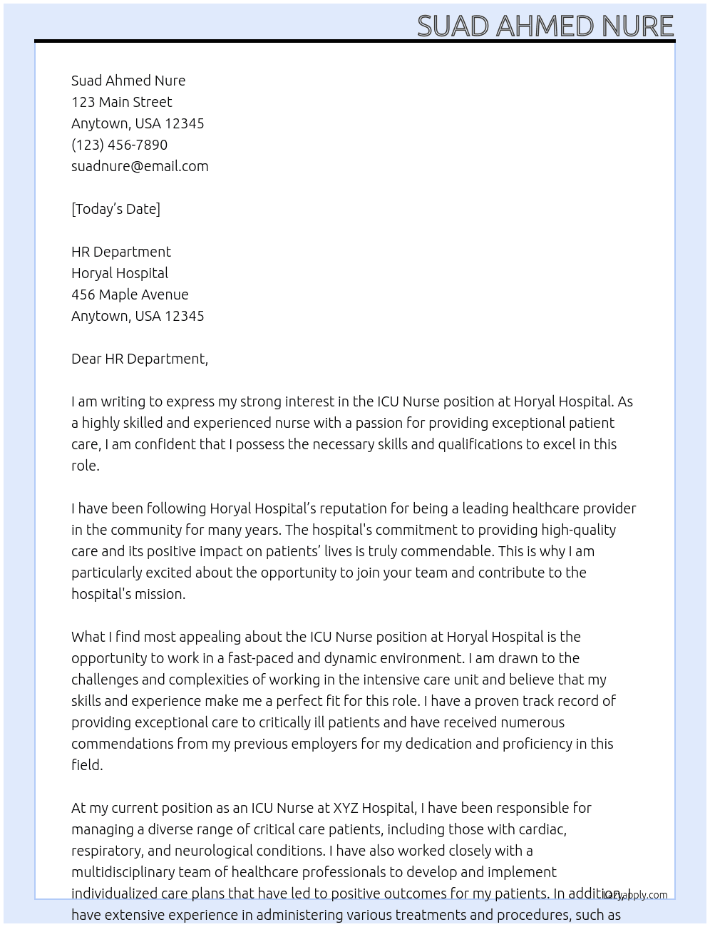 icu nurse  At horyal Hospital Cover Letter