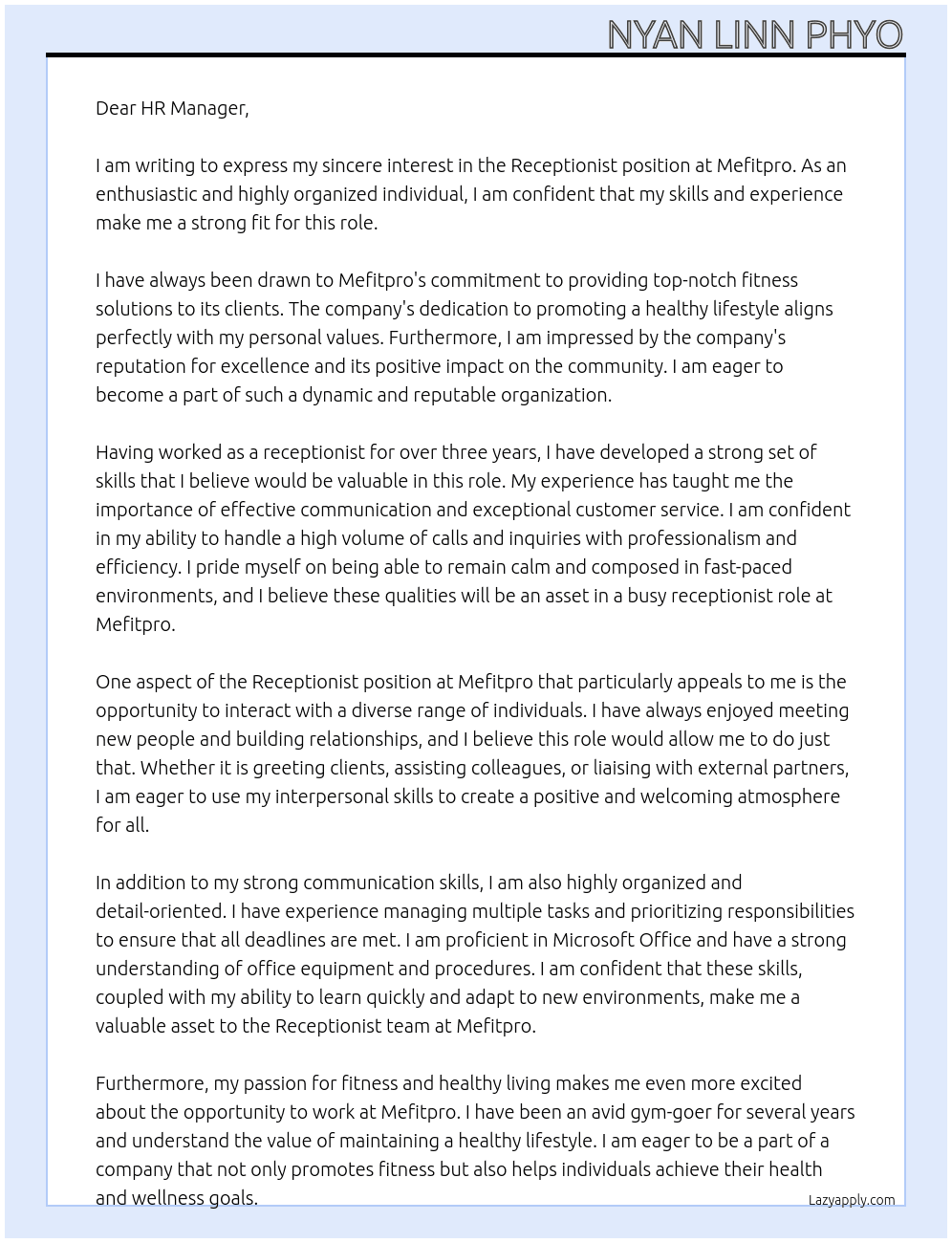 Receptionist  At Mefitpro Cover Letter