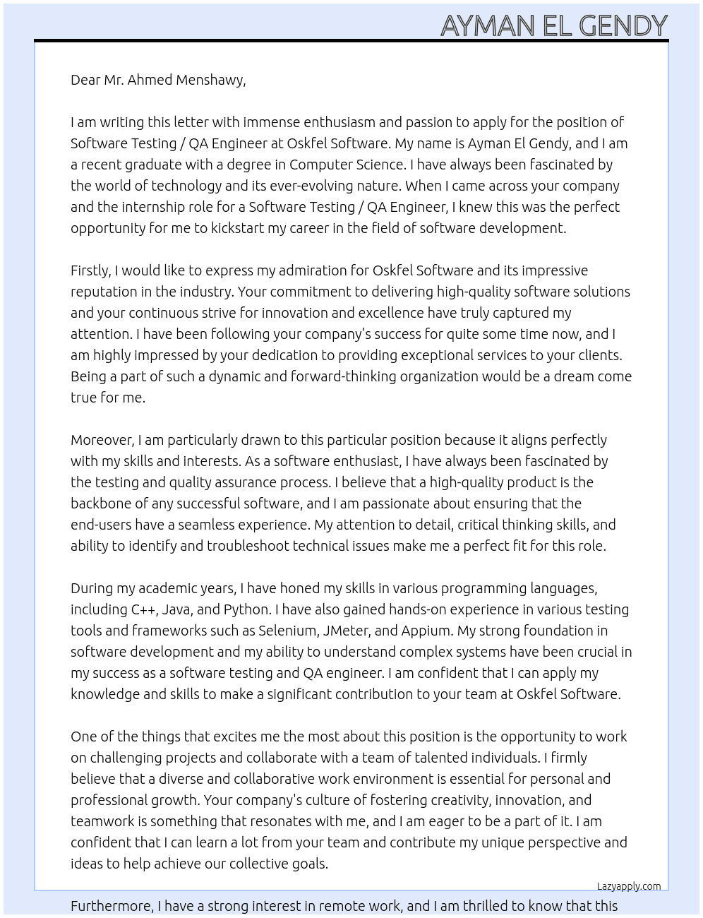 Software Testing / QA Engineer At Oskfel Software Cover Letter