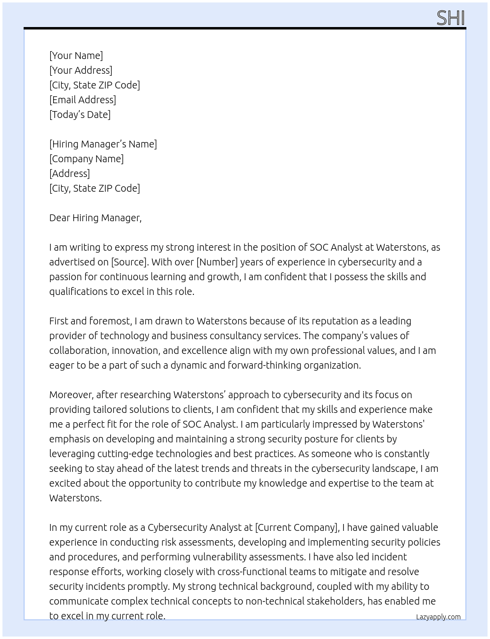 SOC Analyst At Waterstons Cover Letter
