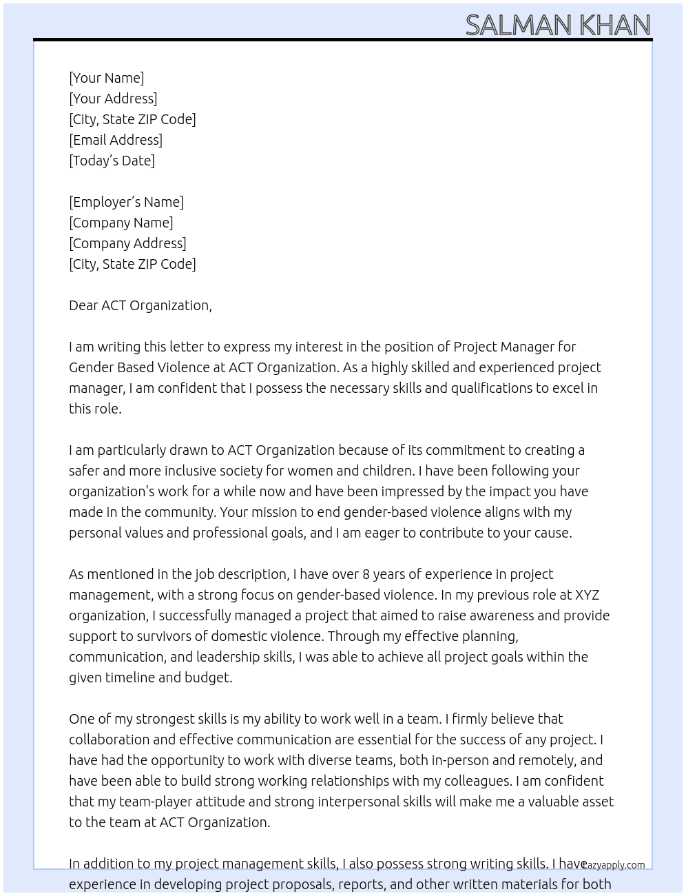Project Manager Gander Based Violence  At ACT Organisation Cover Letter