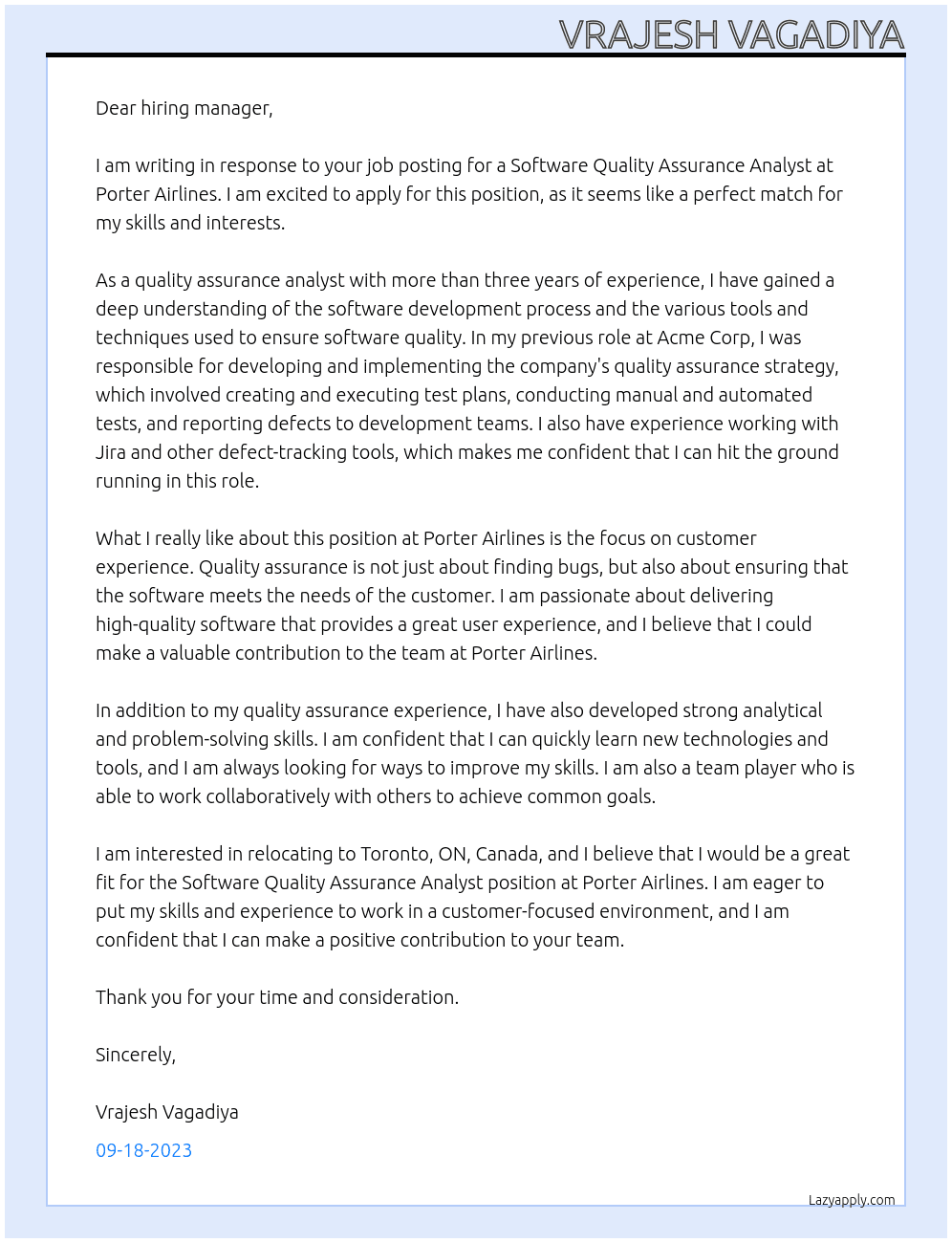 Software Quality Assurance Analyst At Porter Airlines Cover Letter
