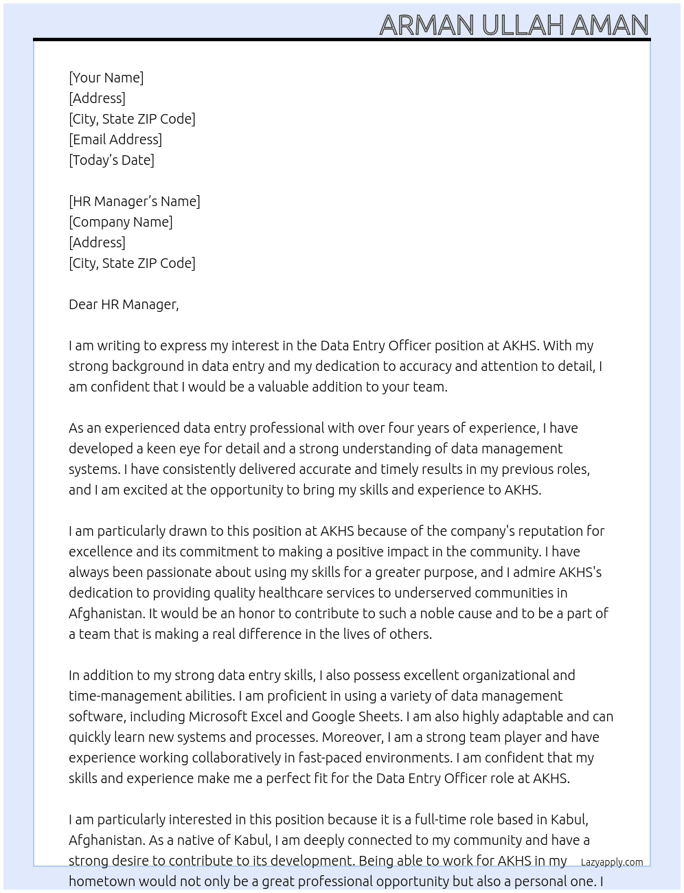 Data entry officer  At AKHS Cover Letter