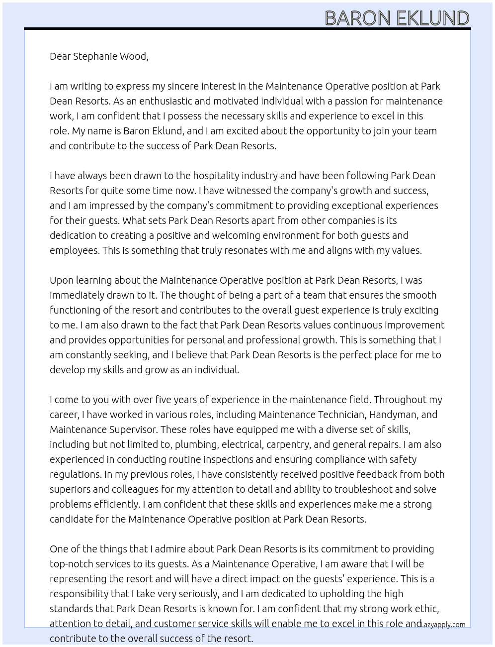 Maintenance operative  At Park Dean resorts  Cover Letter