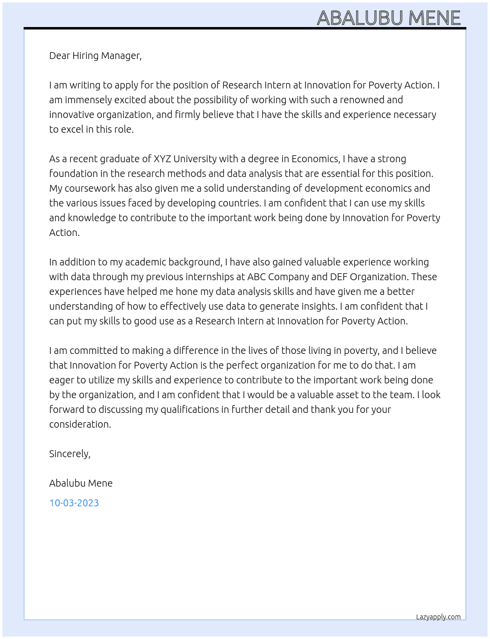 Research Intern  At Innovation for Poverty Action  Cover Letter
