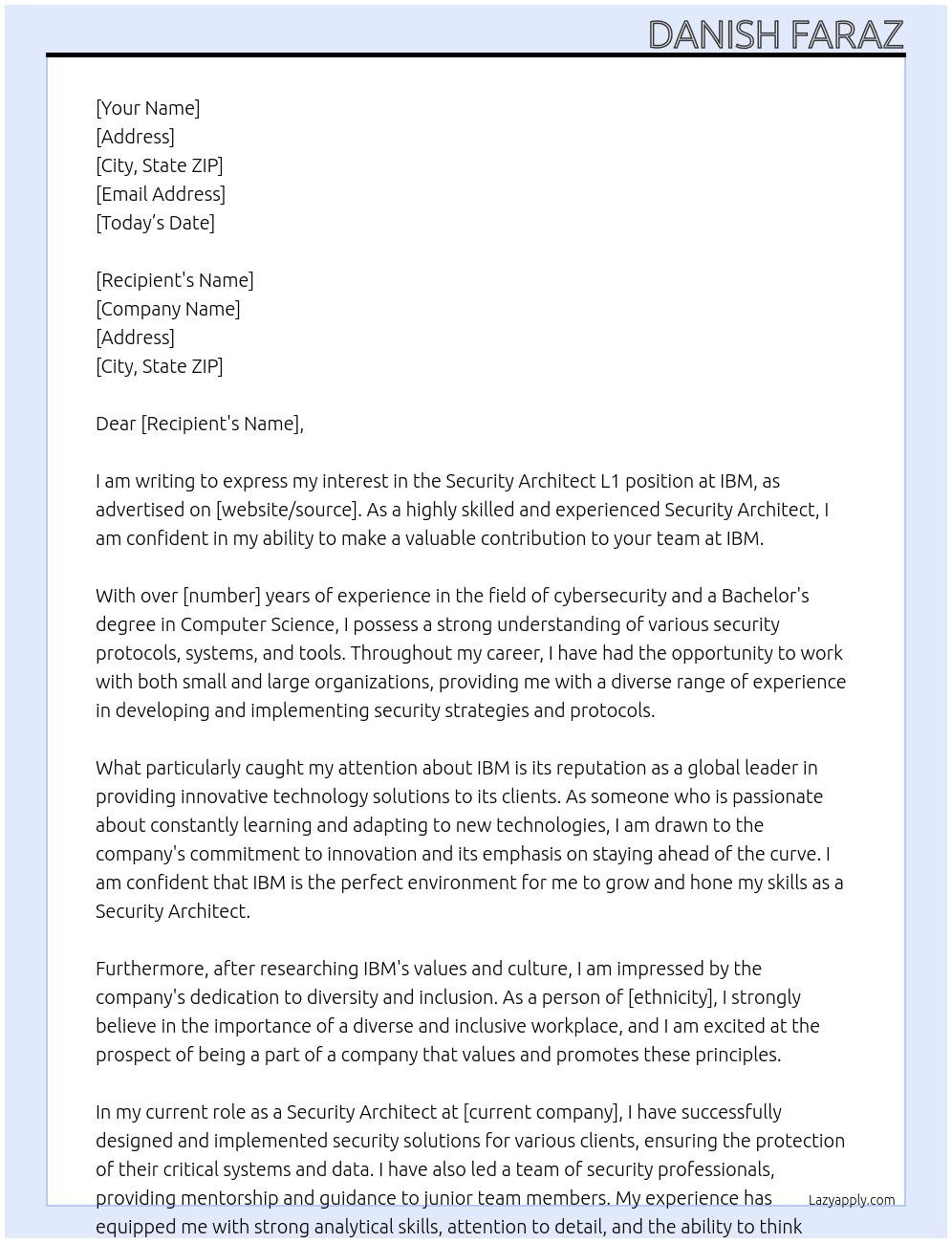 Cover letter for security architect l1 - LazyApply