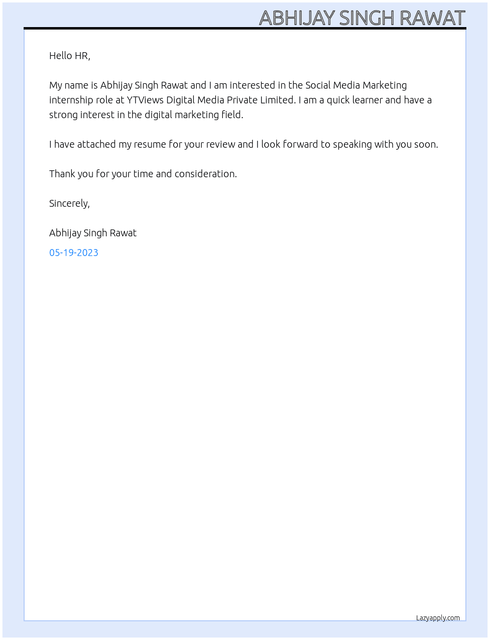 Social Media Marketing At YTViews Digital Media Private Limited Cover Letter