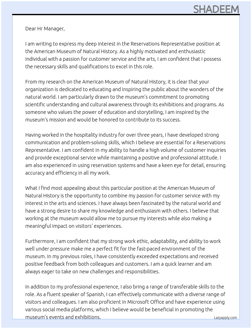 Reservations Representative At American Museum of Natural History Cover Letter