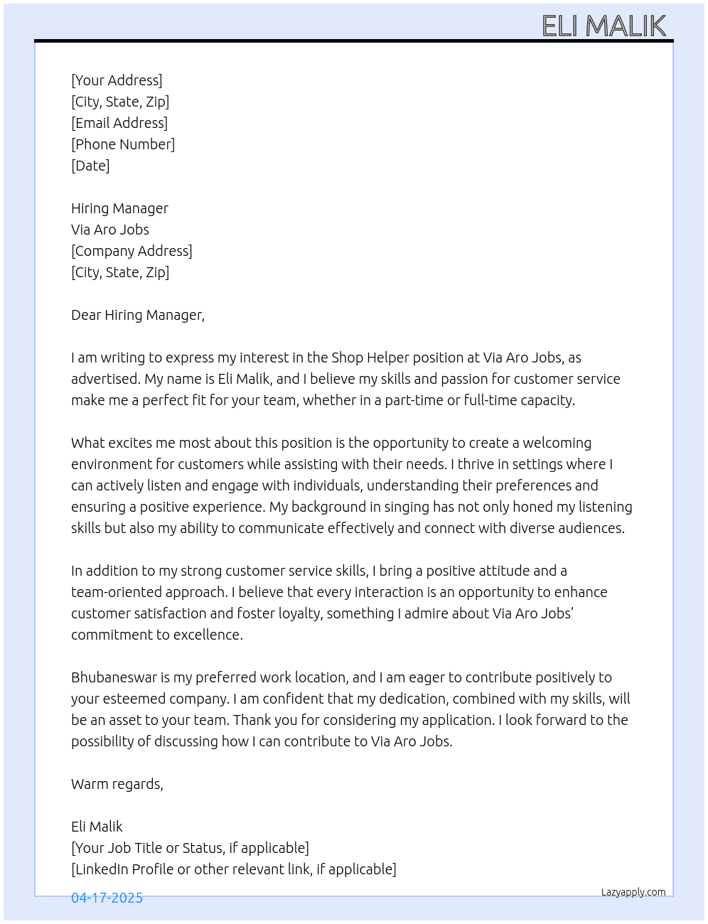 Shop helper At Via Aro jobs Cover Letter