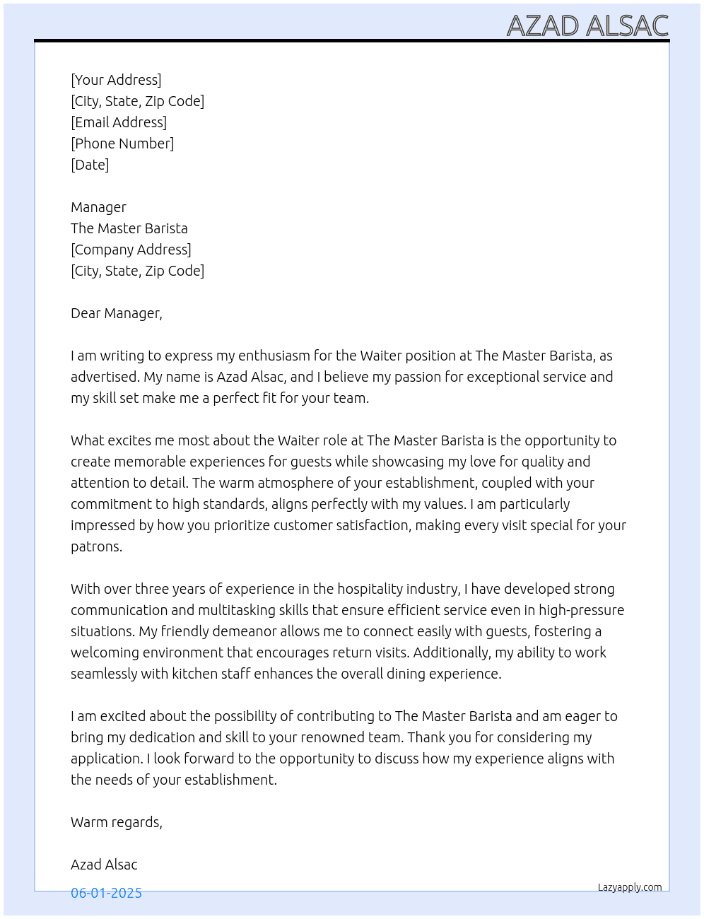 Waiter At The Master Barista Cover Letter