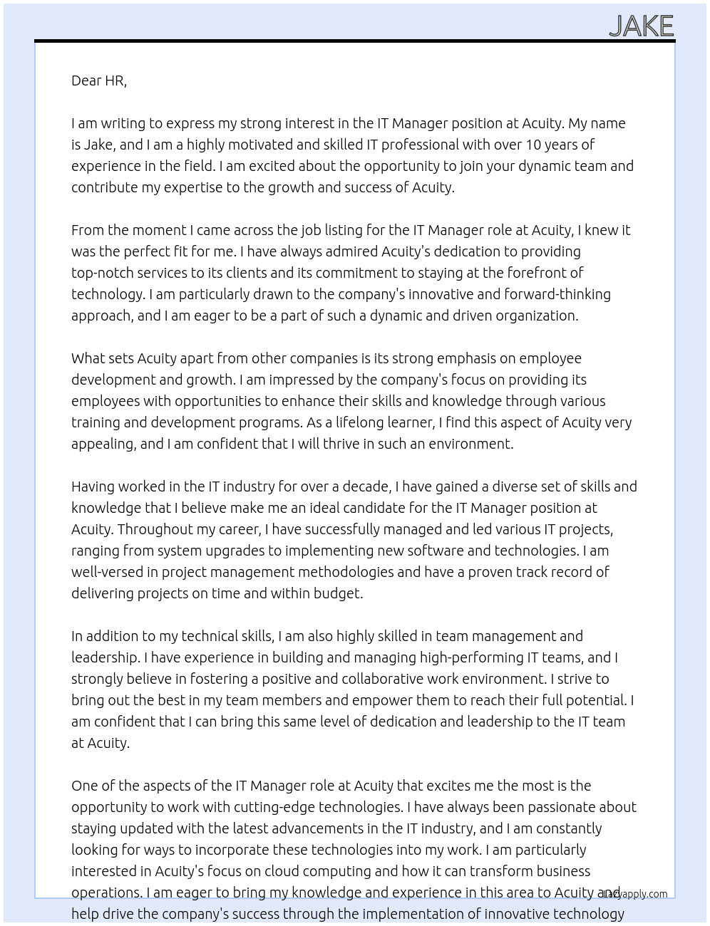IT Manager At Acuity Cover Letter