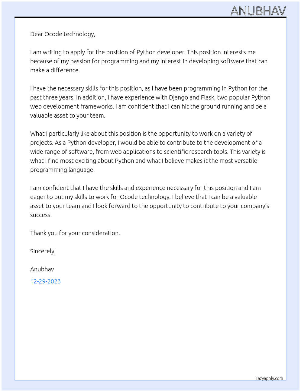 Python developer  At Ocode technology  Cover Letter