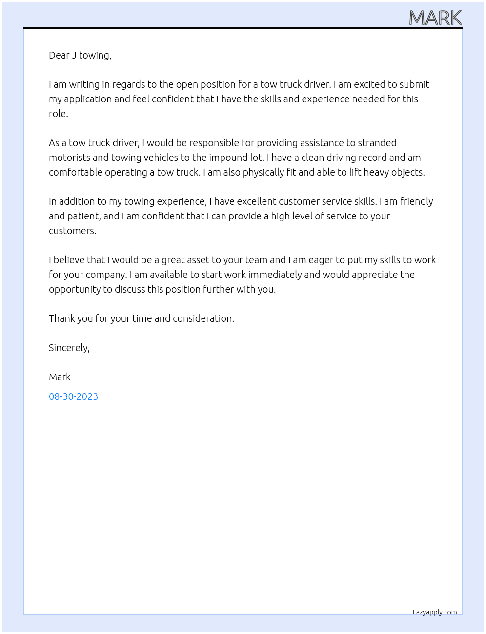 Towing At Towing Cover Letter