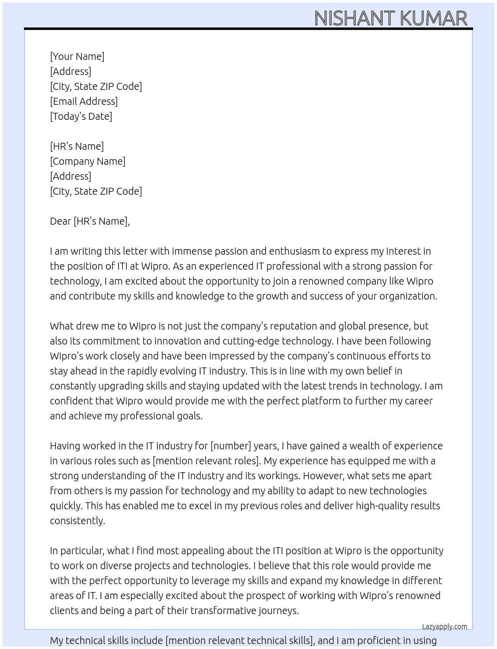 ITI  At Wipro Cover Letter