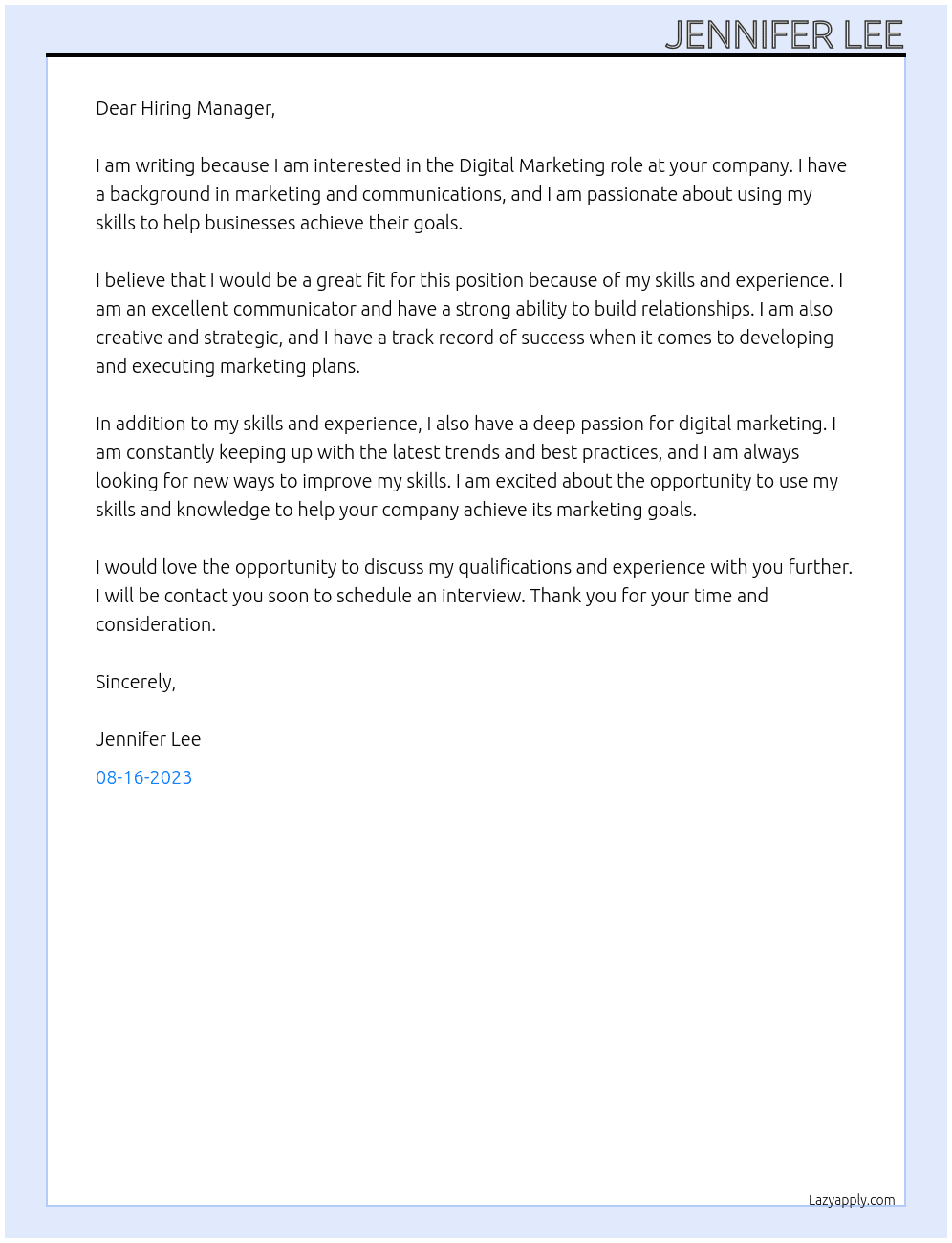 Digital Marketing  At Digital marketing Role Cover Letter