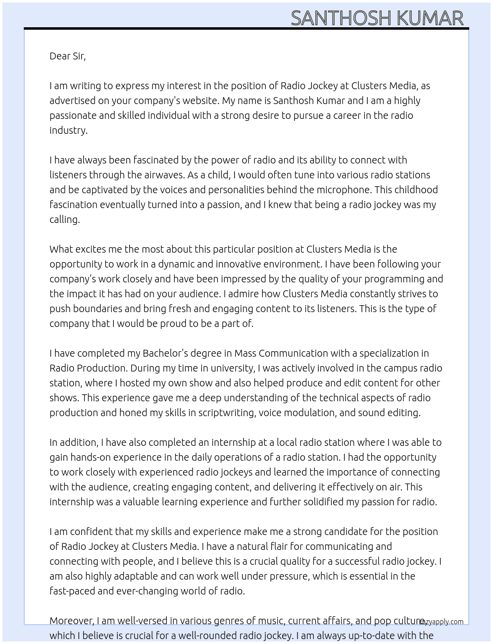 radio jockey At clusters media  Cover Letter