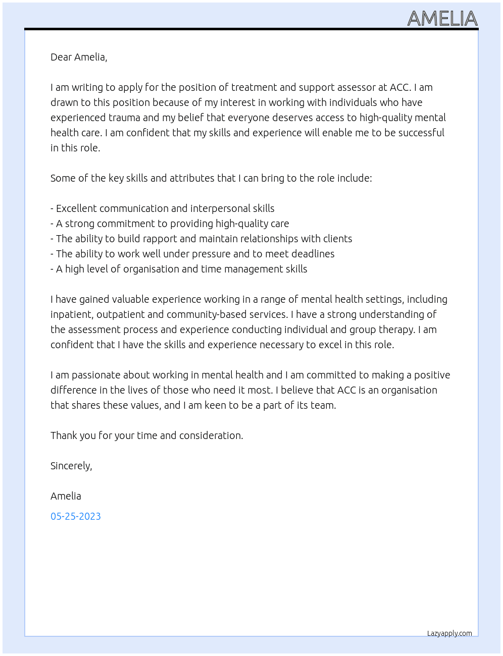 treatment and support assesor At ACC Cover Letter