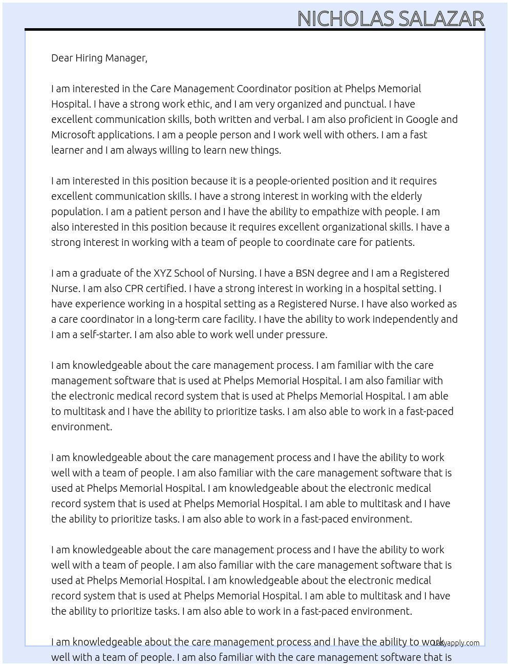 Care Management Coordinator At Phelps Memorial Hospital Cover Letter