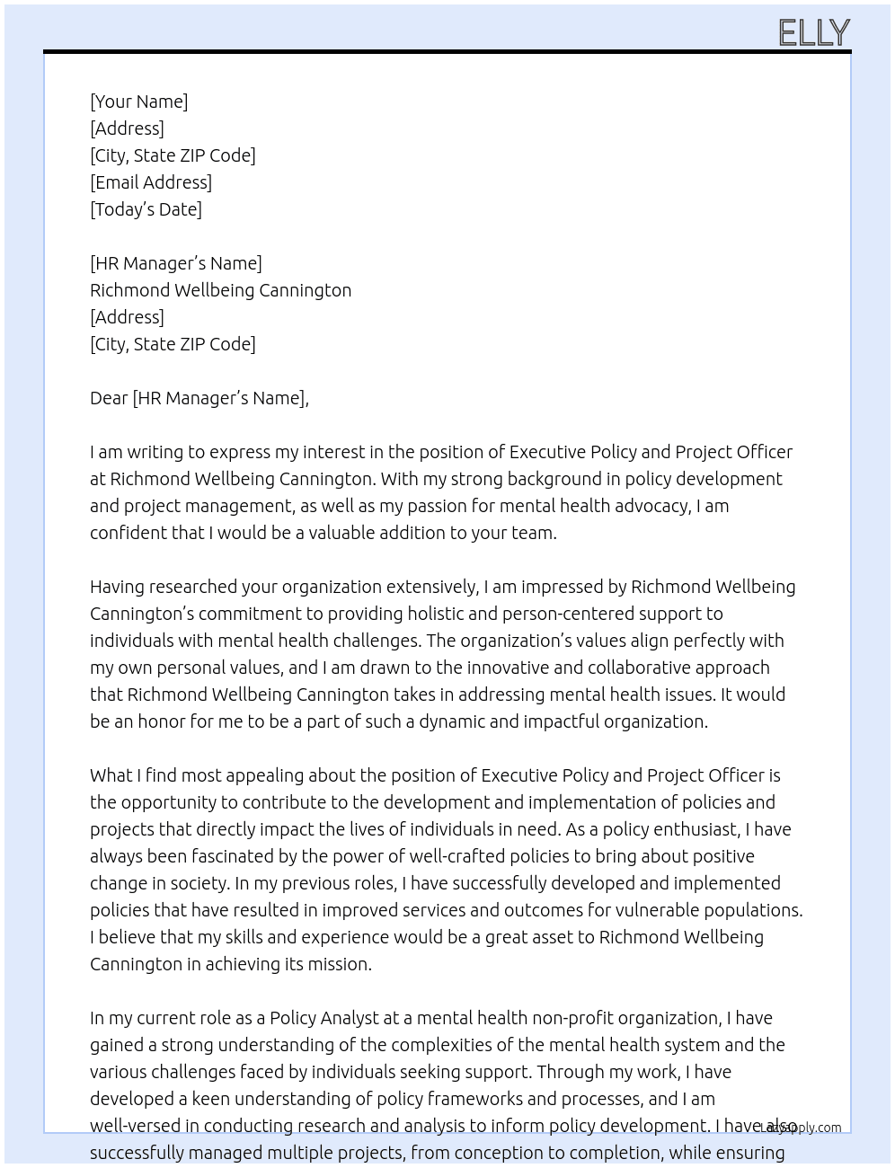 Executive Policy and Project Officer At Richmond Wellbeing Cannington Cover Letter