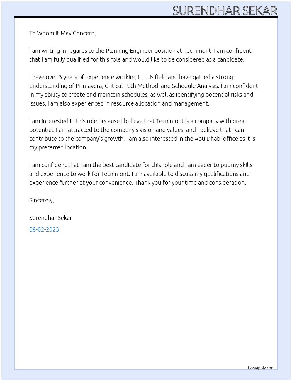 Planning Engineer At Tecnimont Cover Letter