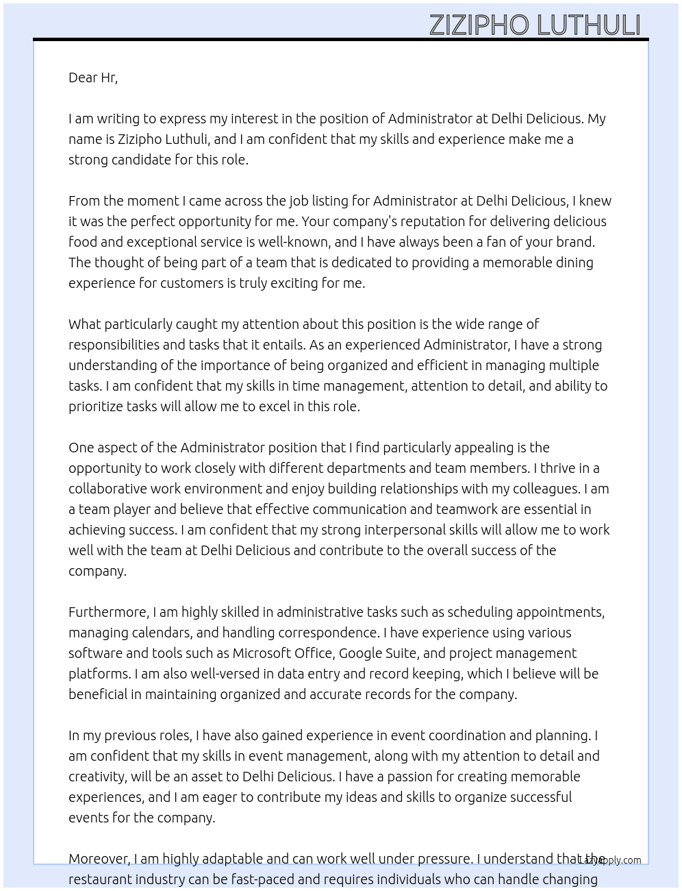 Administrator  At Delhi delicious  Cover Letter