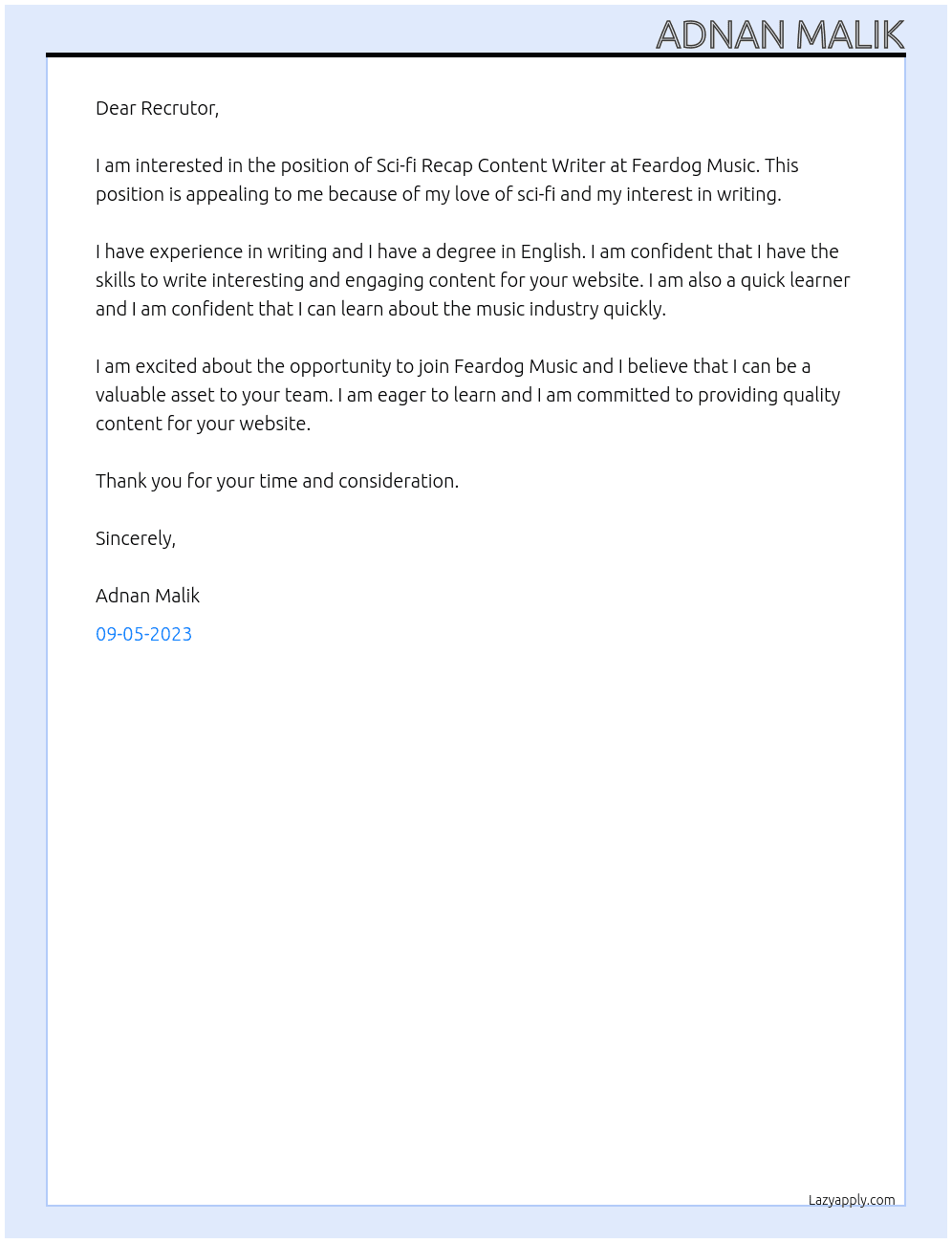 Sci-fi Recap Content Writer At Feardog Music Cover Letter
