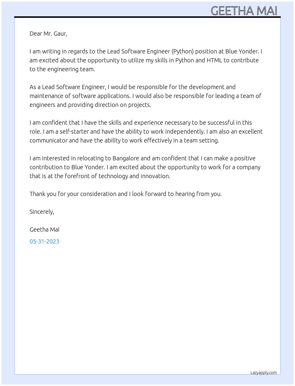 Lead software engineer (python) At Blue yonder Cover Letter