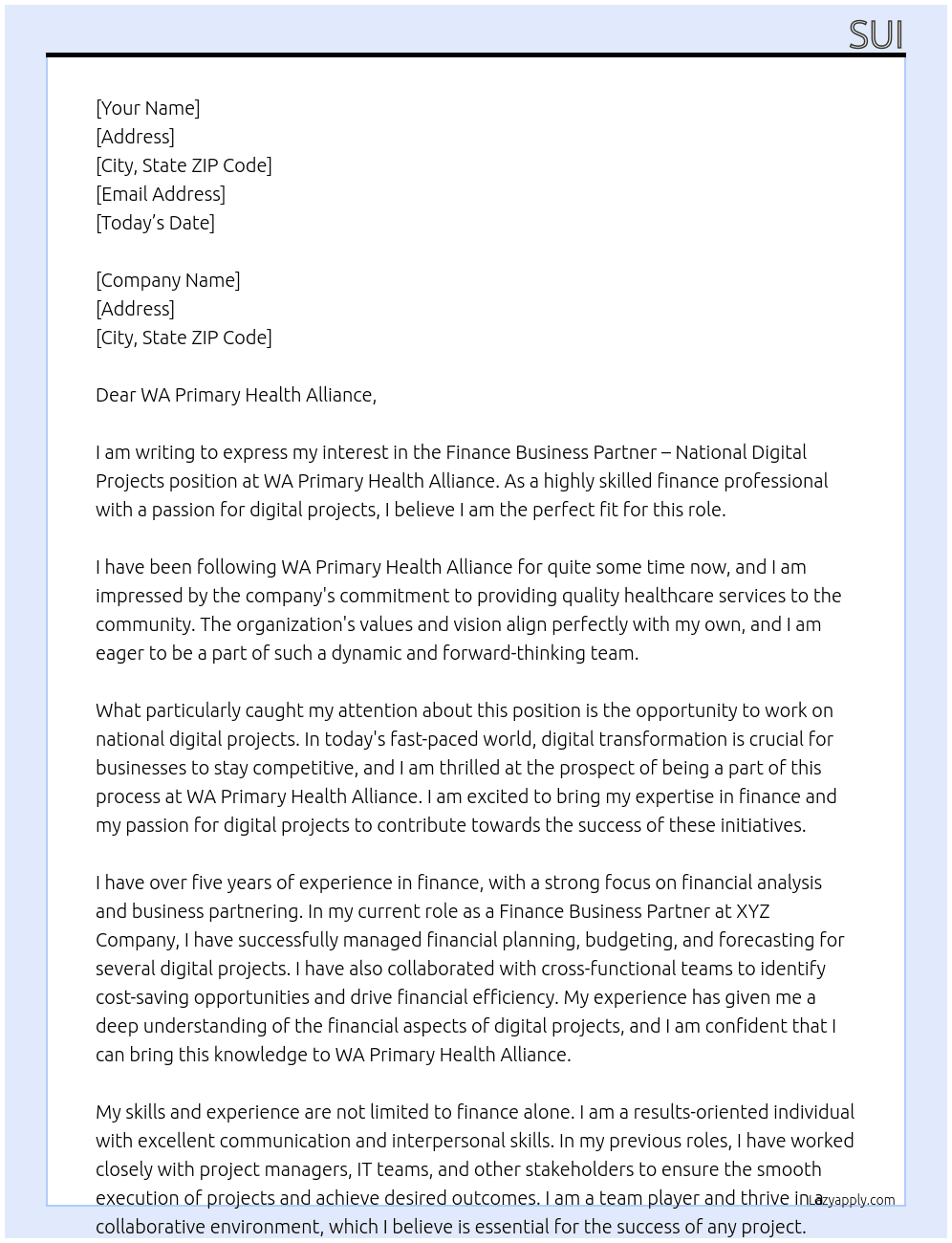 Finance Business Partner - National Digital Projects At WA Primary Health Alliance Cover Letter