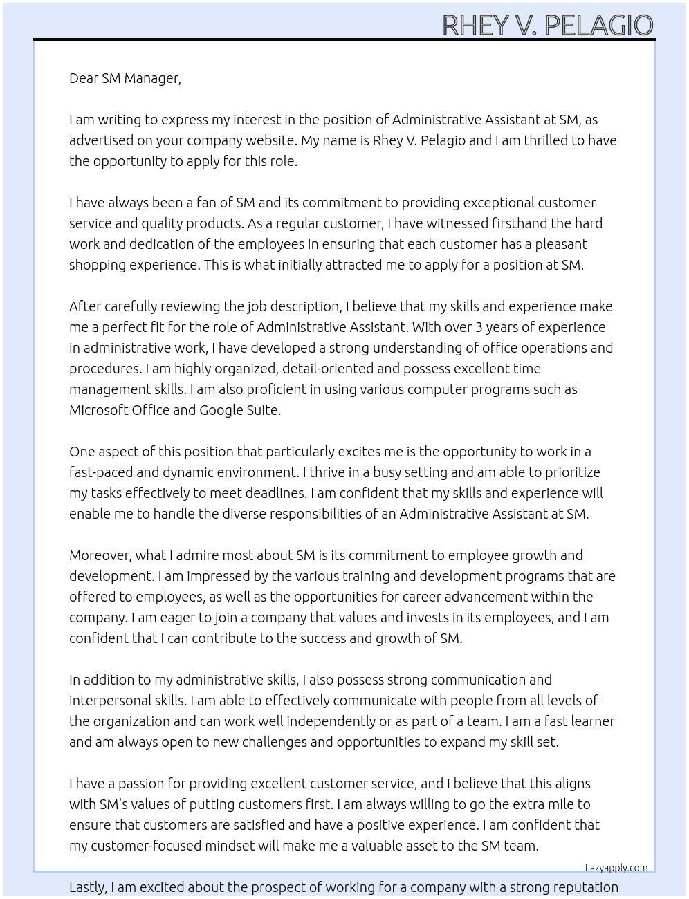 ADMIN ASSISTANT At SM Cover Letter