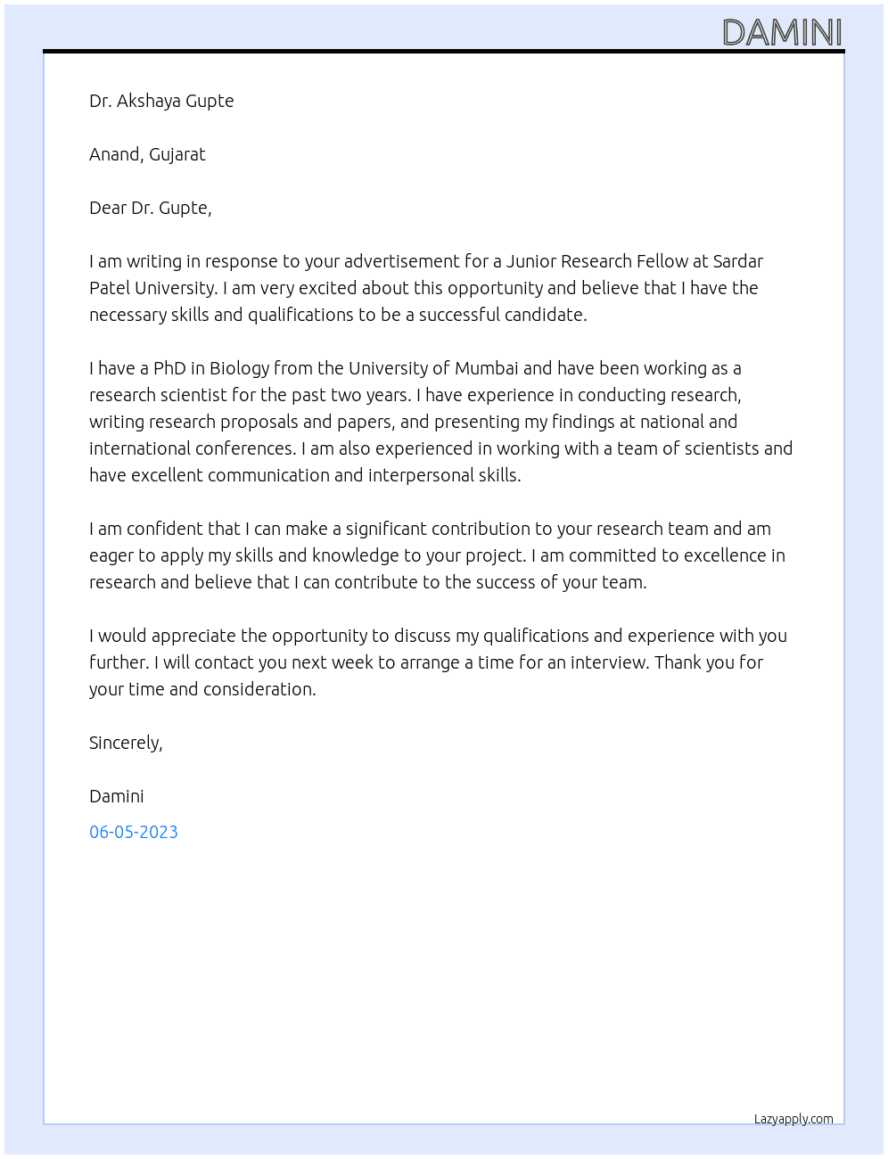 Junior research fellow At Sardar patel university Cover Letter