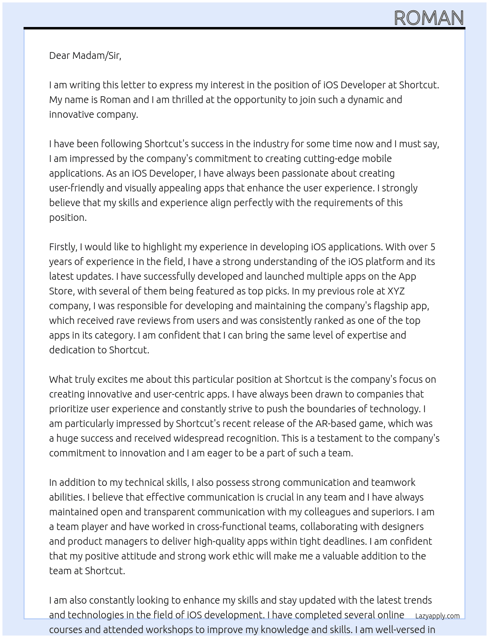 iOS Developer At Shortcut Cover Letter
