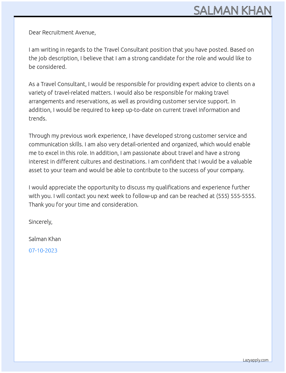 Travel Consultant At Recruitment Avenue Cover Letter